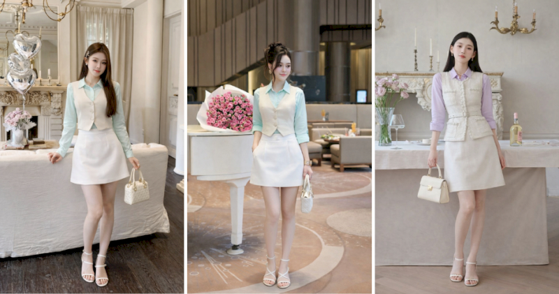 Áo sơ mi phối gile tông be kem cùng chân váy trắng ngọt ngào